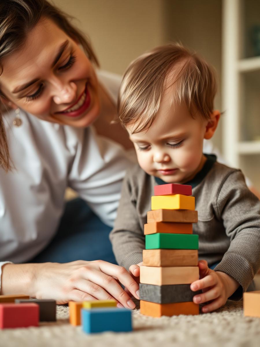 A therapist stacking wooden blocks alongside a toddler