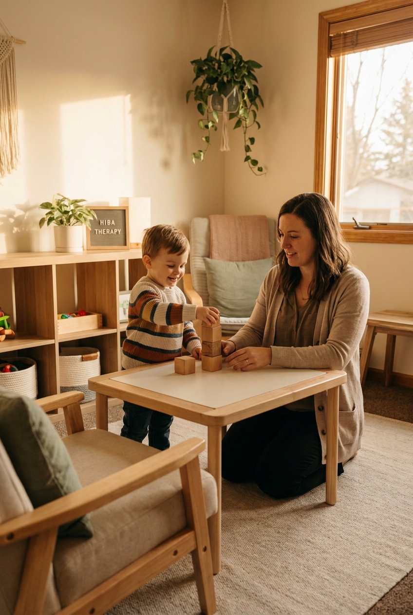 A therapist playing with wooden blocks alongside a young boy