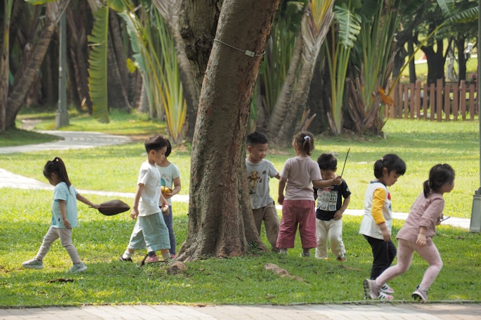 A group of children playing under a tree outdoors