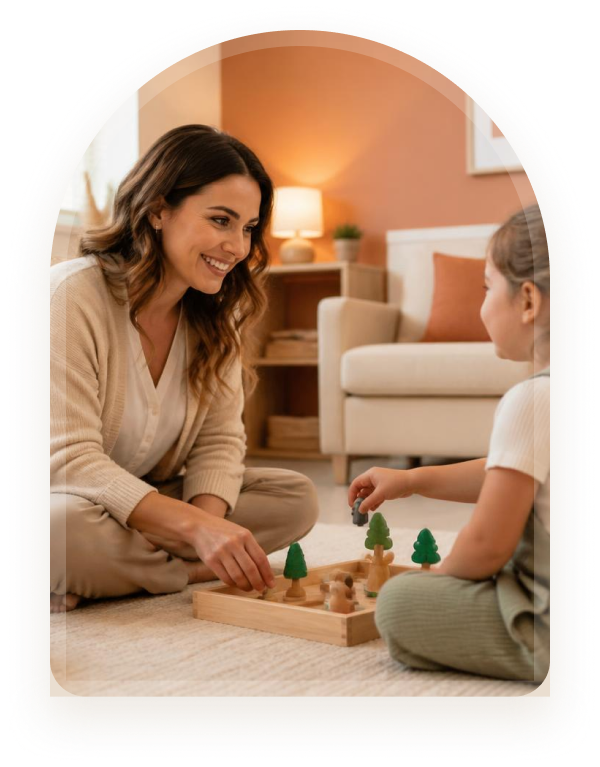 A mother and daughter playing with wooden toys at home
